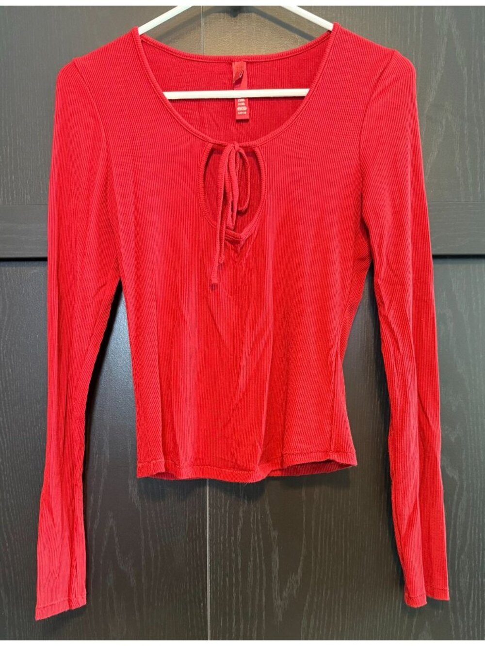 Skims Women's Red Ribbed Soft Lounge Keyhole Tie Front Top Small Long Sleeves
